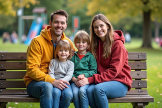 Famille souriante dans un parc urbain en vacances