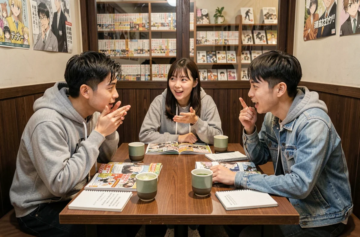 Groupe de fans discutant du retour du chef de la Brigade Fantôme dans Hunter x Hunter dans un café manga au Japon