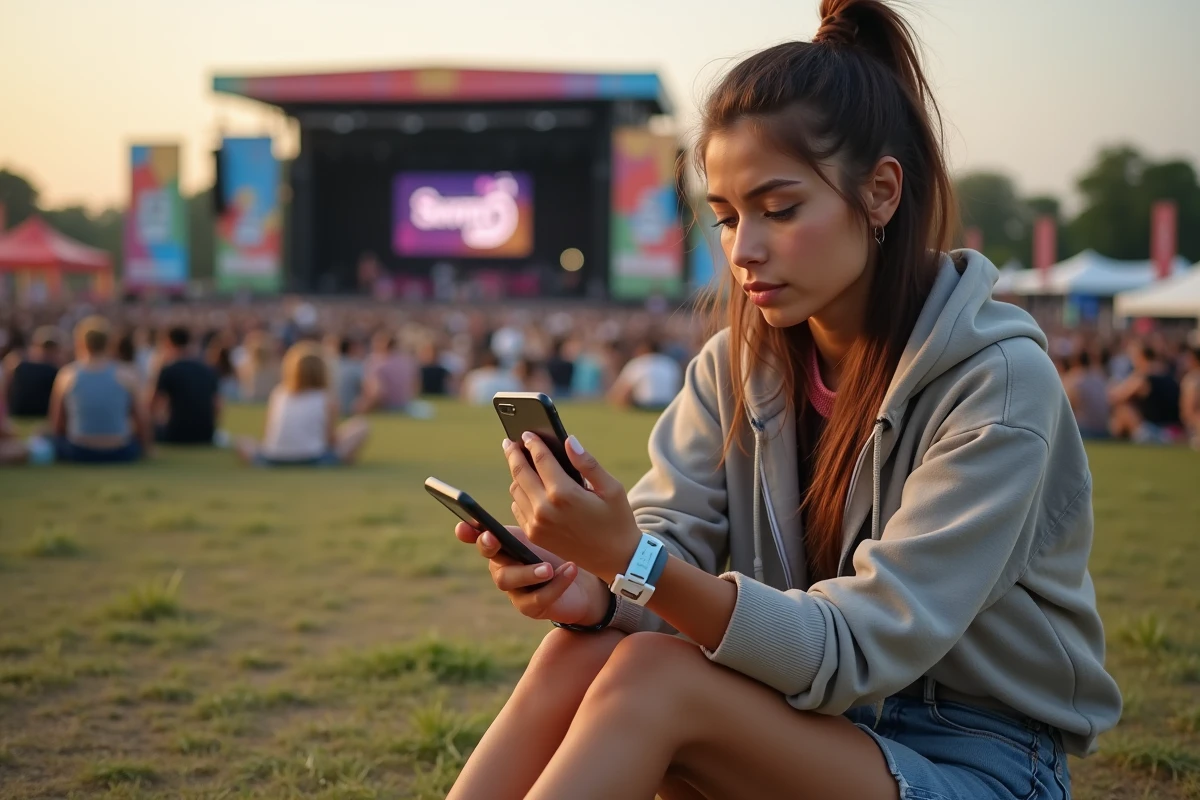 Jeune femme utilisant une application de festival en extérieur