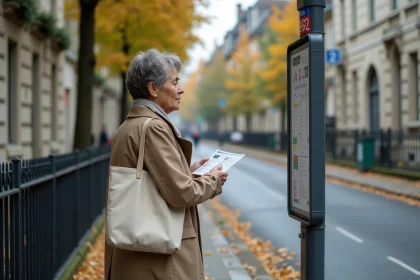 Femme consultant le plan de la ligne de bus 92 à un arrêt de bus urbain en automne