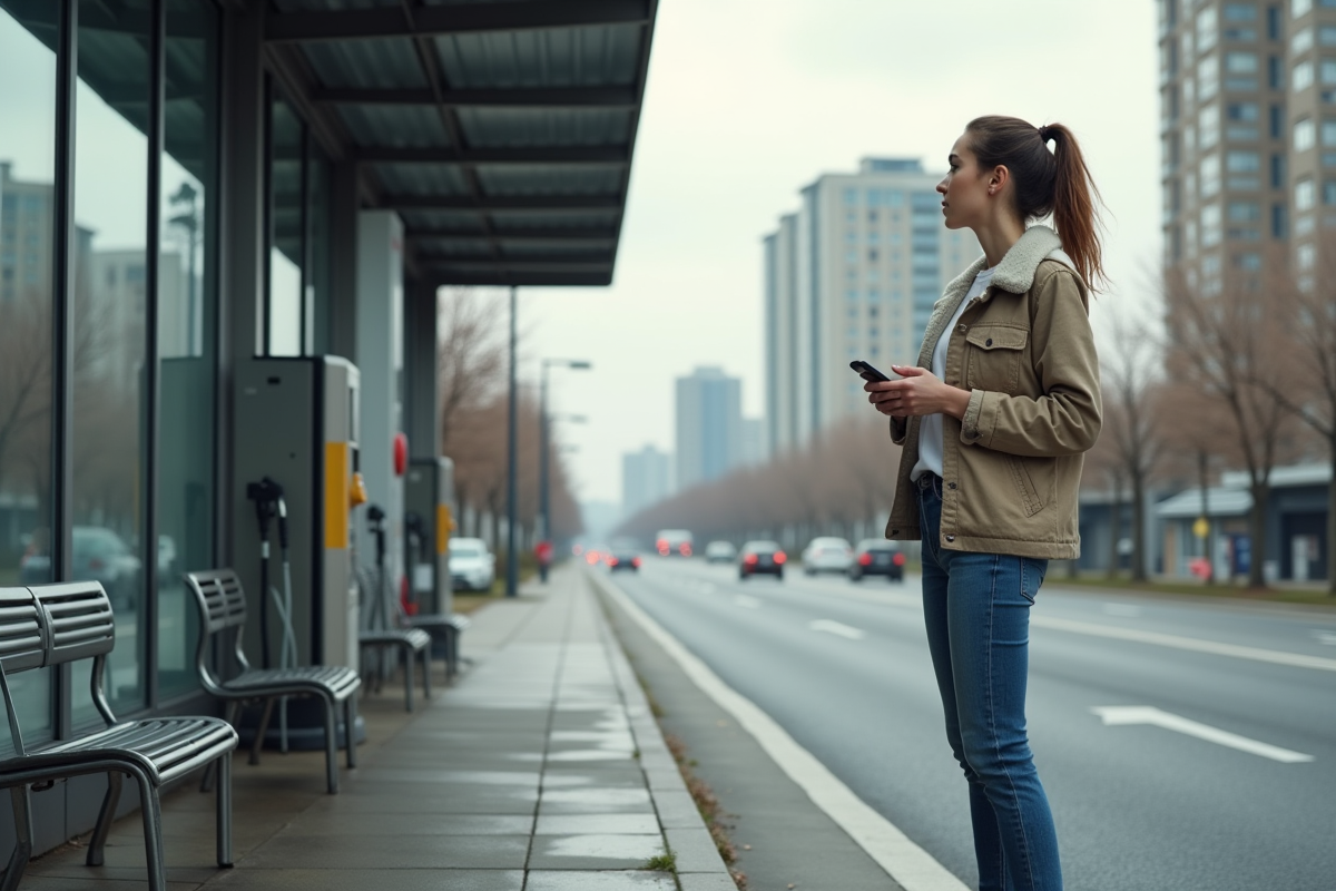 Jeune femme au arrêt de bus urbain avec station-service abandonnée