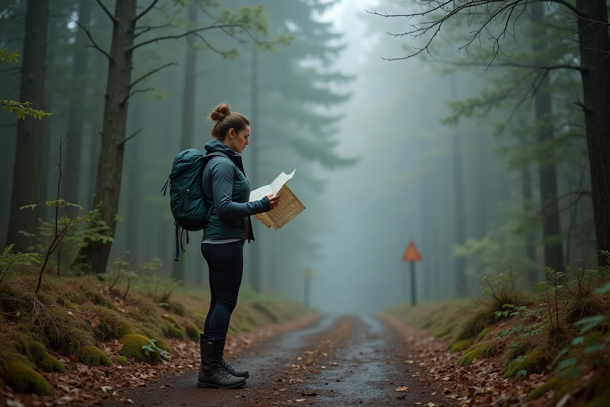 Femme examine une carte au bord d un sentier forestier brumeux