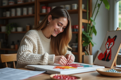 Jeune femme souriante réalisant une broderie diamant