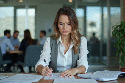 Femme d affaires concentrée au bureau avec expression anxieuse