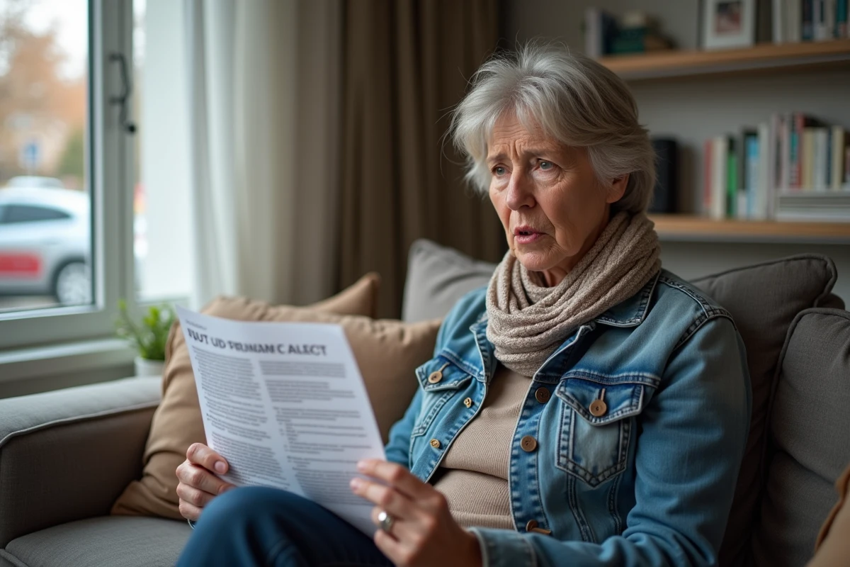 Femme assise chez elle tenant une notice municipale préoccupée