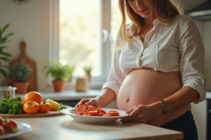 Femme enceinte préparant du chorizo dans la cuisine lumineuse