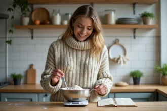 Femme mesurant de la farine dans une cuisine lumineuse