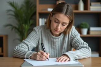 Femme écrivant une adresse sur une enveloppe blanche selon les normes postales françaises lisibles par machine