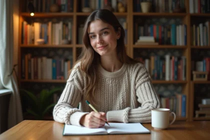 Jeune femme écrivant l alphabet français dans un carnet