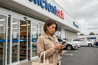Femme consultant son téléphone devant l'entrée d'un supermarché Lidl avant d'entrer faire ses courses