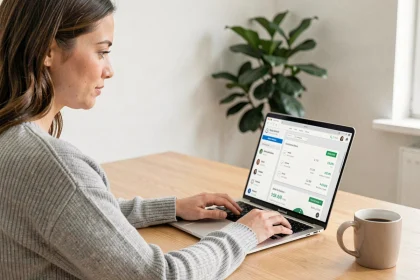 Femme consultant son espace client en ligne sur un ordinateur portable dans un bureau à domicile bien organisé