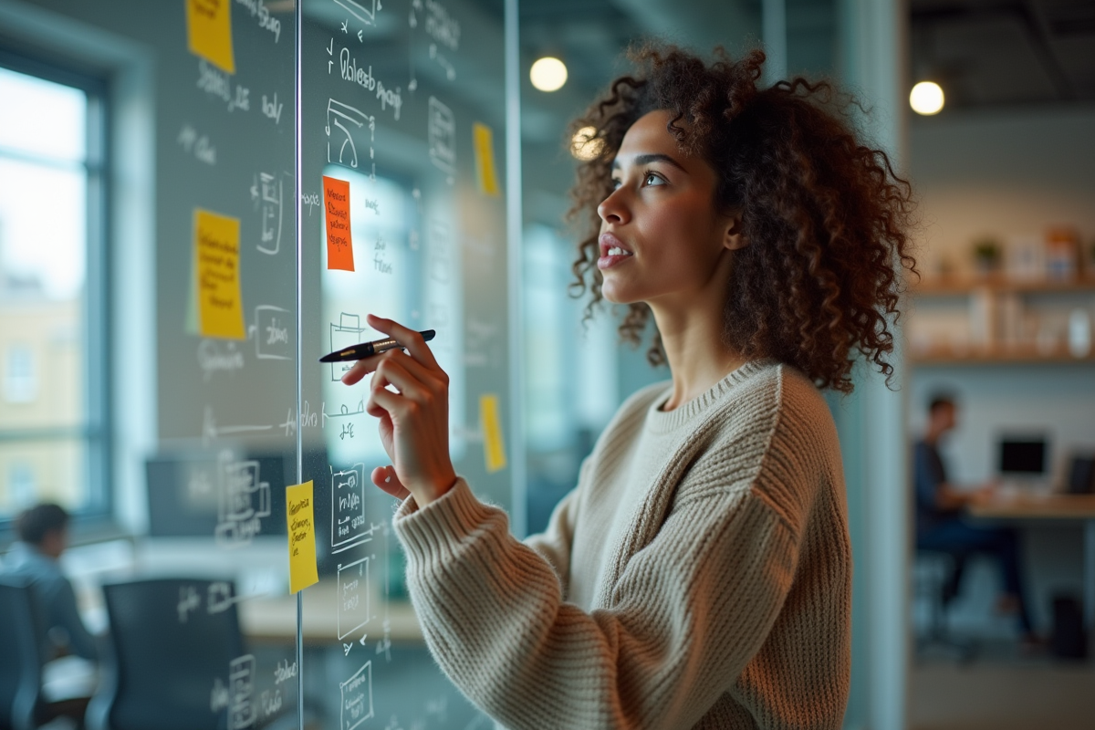 Jeune femme expliquant des notes et diagrammes dans un bureau moderne