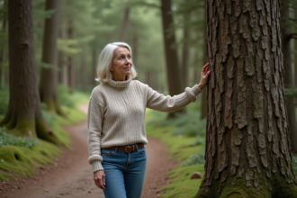 Femme dans la forêt touchant un arbre robuste et ancien