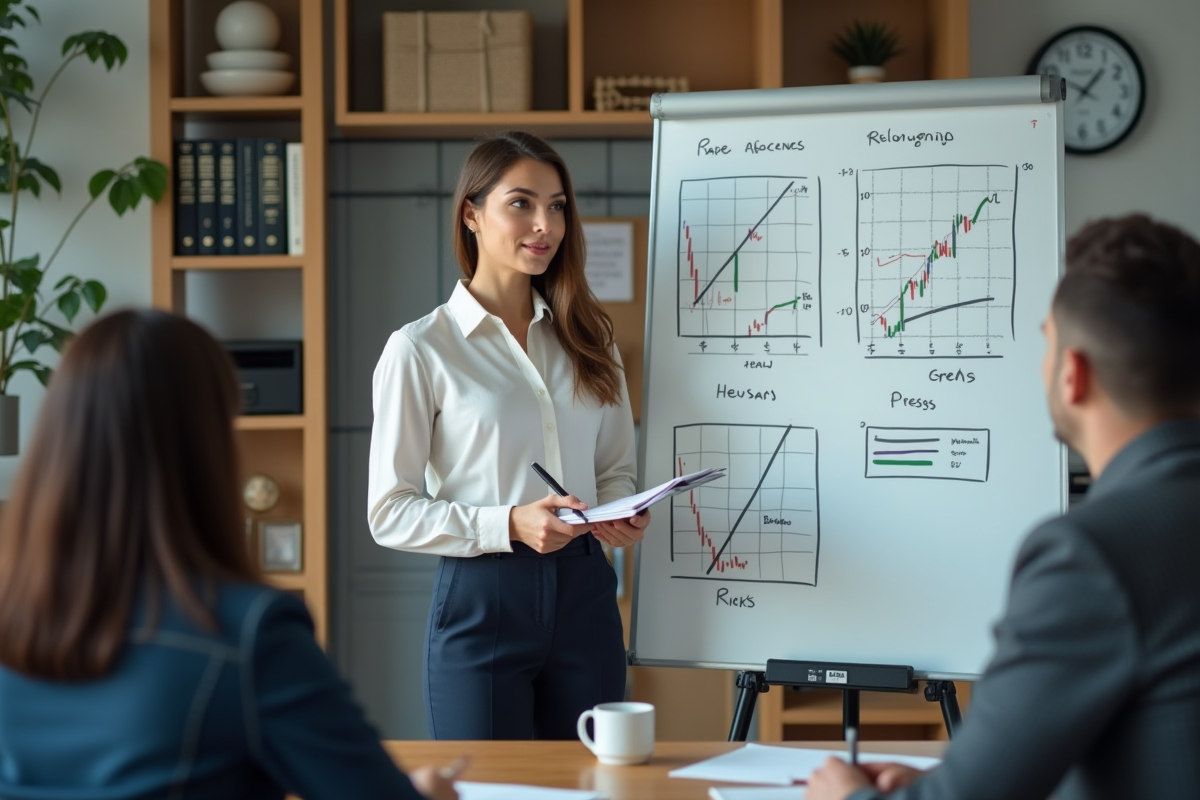 Jeune femme expliquant des diagrammes sur une salle de réunion