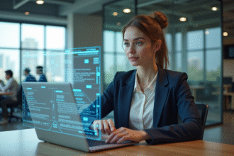 Jeune femme en bureau moderne avec affichage holographique
