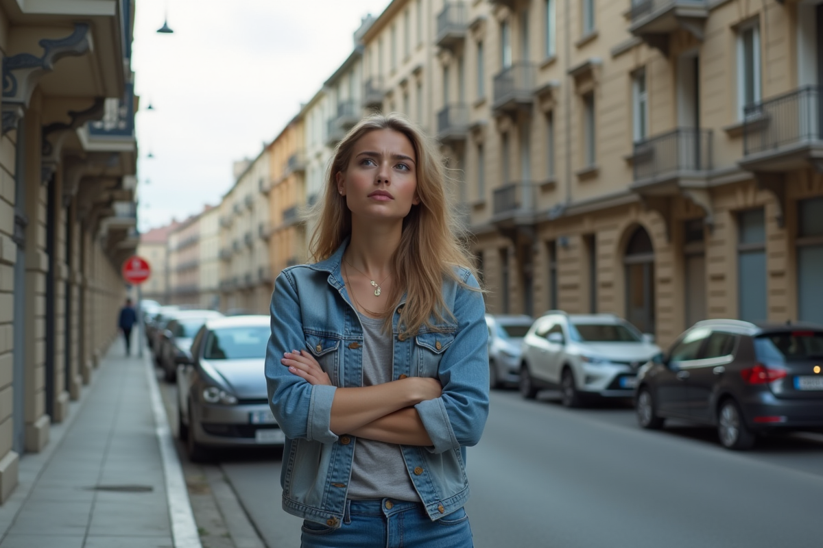 Jeune femme regardant des immeubles en vente dans la rue