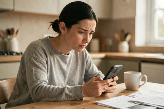 Femme jouant au jeu 4 Images 1 Mot sur smartphone à une table en bois