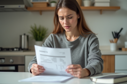 Jeune femme examine un relevé de prêt immobilier à la maison