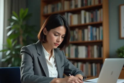 Femme lisant des articles politiques sur son bureau à domicile, illustrant la compréhension d'une polémique liée à un site internet