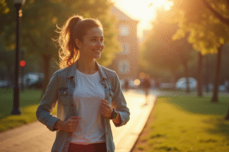 Jeune femme marchant dans un parc urbain ensoleille avec montre connectee