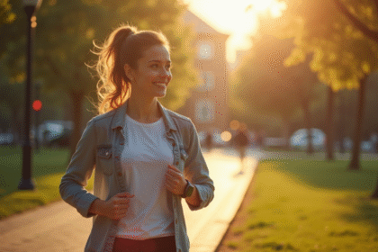 Jeune femme marchant dans un parc urbain ensoleille avec montre connectee