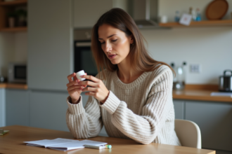Femme pensant avec medicament dans une cuisine moderne
