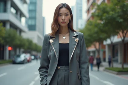 Femme mode urbaine portant blazer structuré en ville