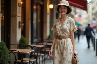 Femme élégante en robe 1930s à Paris avec café