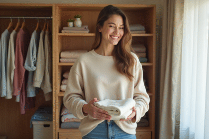 Femme plie du linge dans une chambre chaleureuse