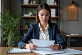 Femme en blazer navy examinant un rapport au bureau