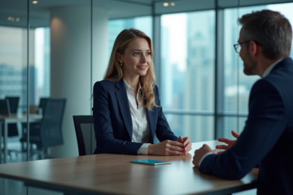 Femme professionnelle en réunion avec un homme d'affaires