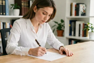 Femme écrivant une lettre formelle à la main avec un stylo plume, illustrant l'usage correct des formules de politesse en français