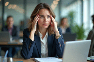 Femme en tenue professionnelle réfléchissant au bureau