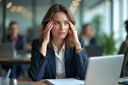 Femme en tenue professionnelle réfléchissant au bureau