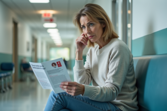 Femme d'âge moyen dans un hôpital tenant une brochure sur la santé du cerveau
