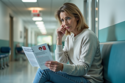 Femme d'âge moyen dans un hôpital tenant une brochure sur la santé du cerveau
