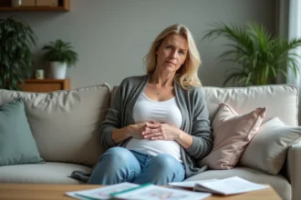 Femme d'âge moyen assise sur un canapé dans un salon moderne