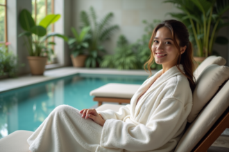 Femme détendue en robe de spa blanche près de la piscine