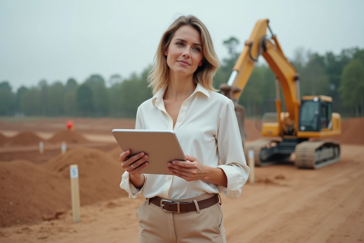 Femme en extérieur sur un chantier avec tablette et terrain en développement