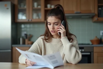 Femme en cuisine lisant des documents avec téléphone à l'oreille