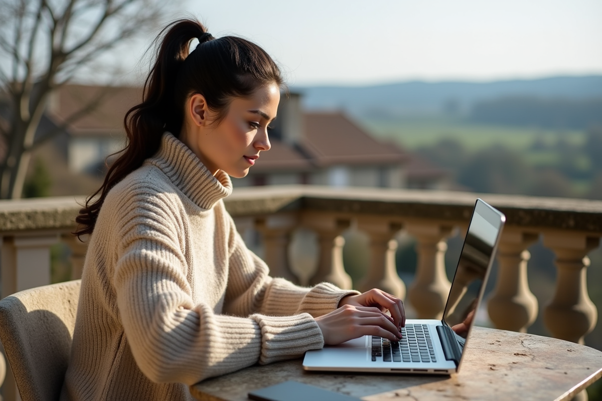 Femme travaillant sur ordinateur dans un paysage rural