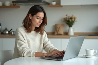 Jeune femme travaillant sur son ordinateur dans une cuisine moderne