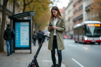Femme consultant son téléphone près d'une trottinette électrique pliée à un arrêt de bus en ville