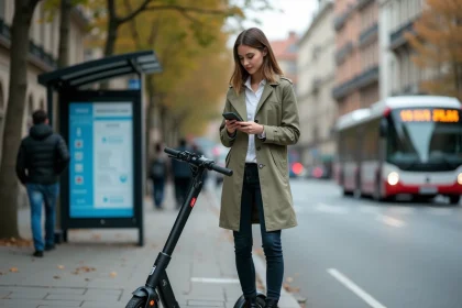 Femme consultant son téléphone près d'une trottinette électrique pliée à un arrêt de bus en ville