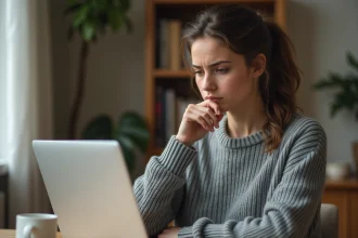 Femme vérifiant un site web suspect sur son ordinateur portable pour éviter les arnaques en ligne