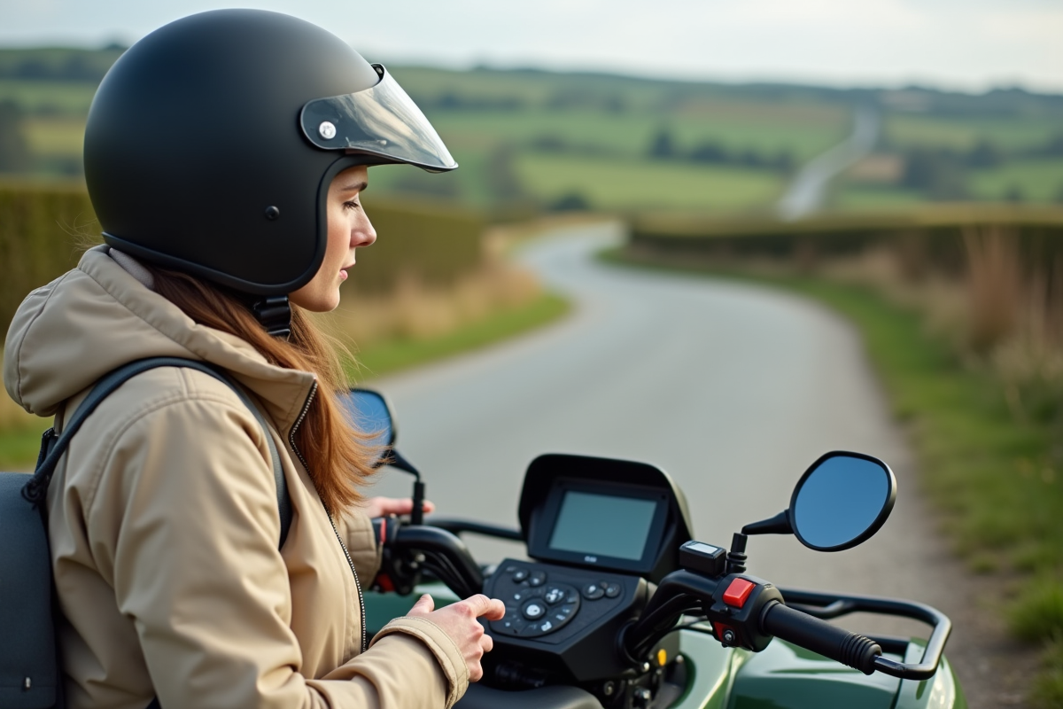 Femme vérifiant le tableau de bord d’un quad rural