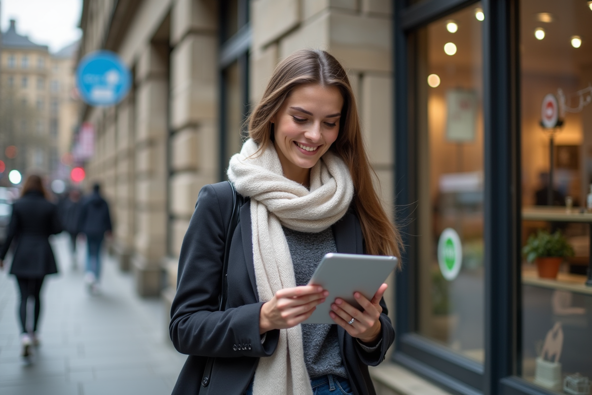 Jeune femme dans la rue vérifiant des informations sur sa tablette