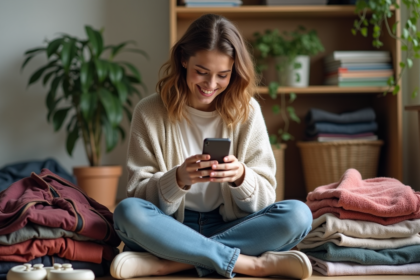 Femme souriante photographiant une veste vintage dans un appartement chaleureux
