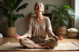 Femme méditant en yoga dans un intérieur chaleureux