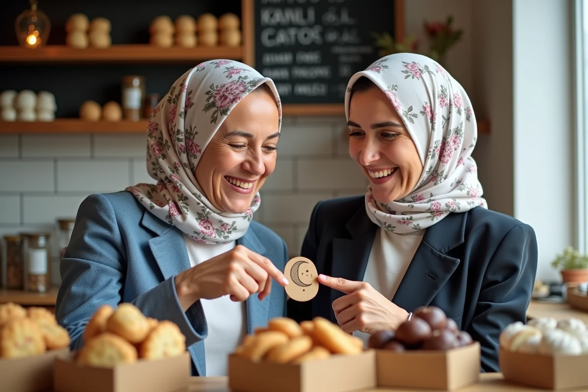 Deux femmes riant devant une vitrine de pâtisseries orientales avec un message humoristique de ramadan fait main